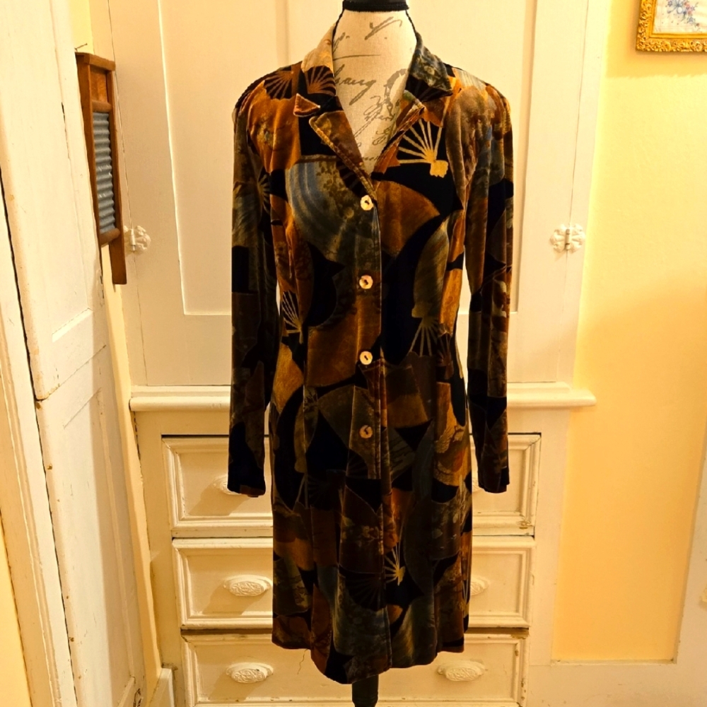 Vintage Clio black fan print velour coat Sz L